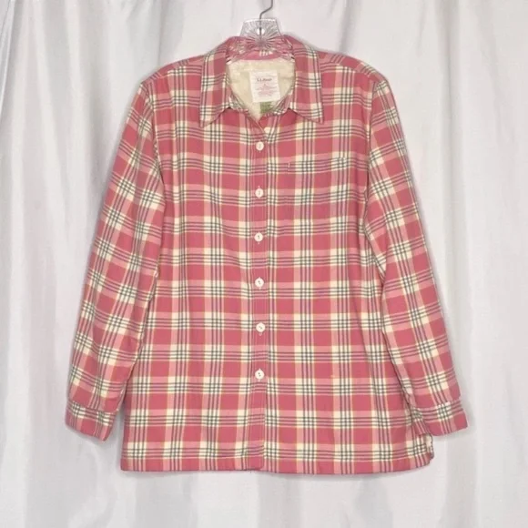 L.L. Bean Fleece Lined Plaid Flannel Shirt Jacket Pink White Sz M - Picture 1 of 7